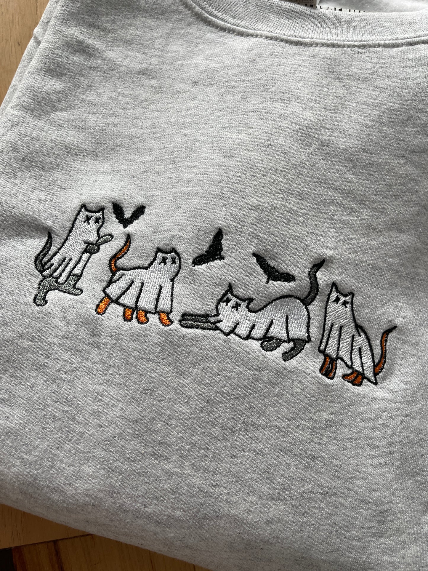 Grey and Orange Ghost Cats with Bats Embroidery