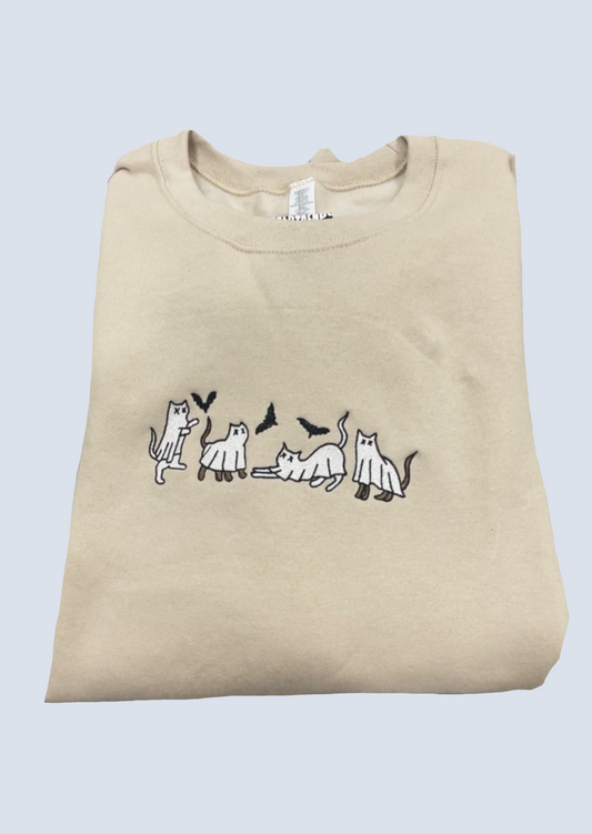 White and Brown Ghost Cats with Bats Embroidery