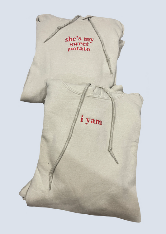 "She's my sweet potato", "I Yam" Embroidered Set