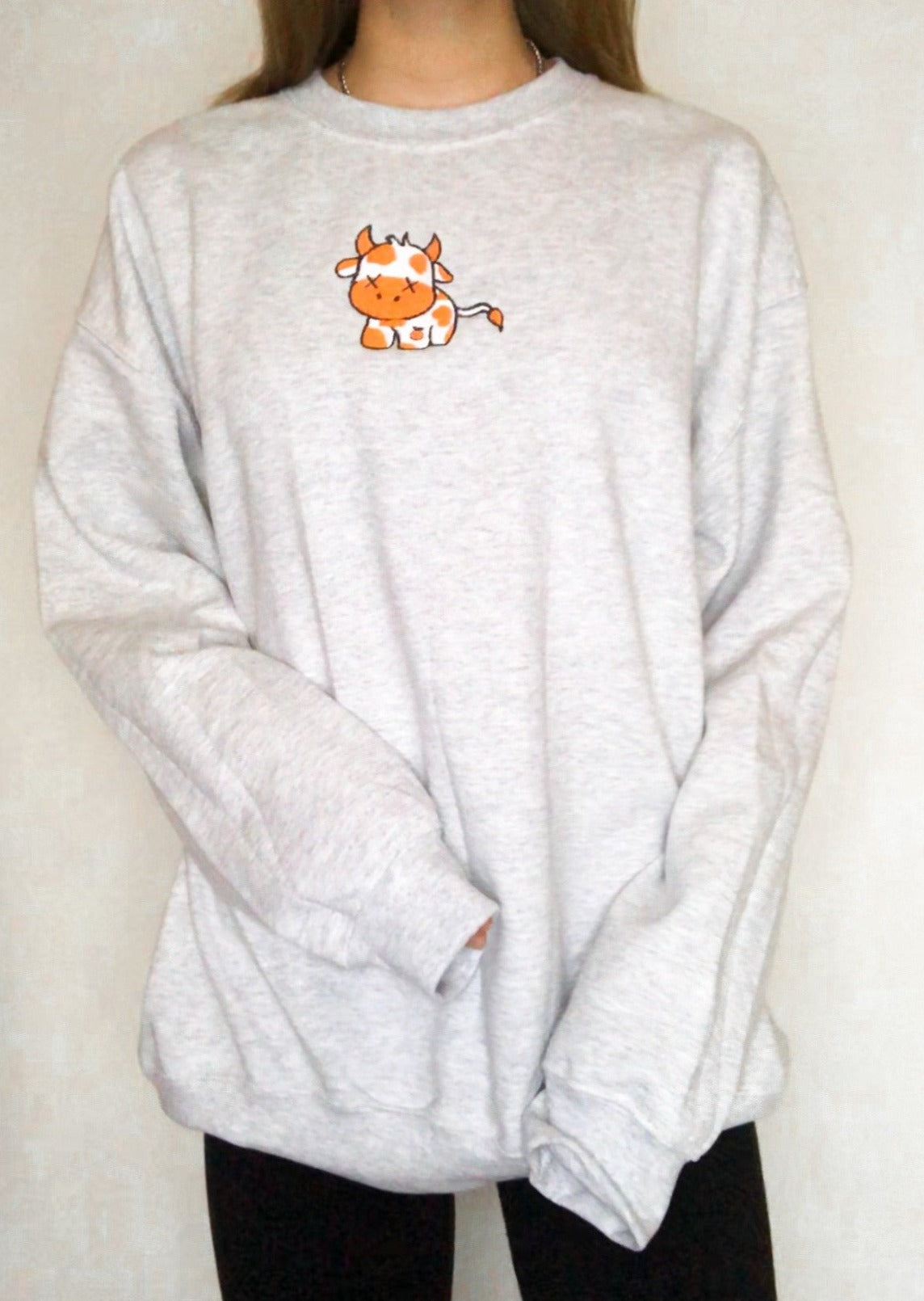 Orange Embroidered Cow Sweatshirt