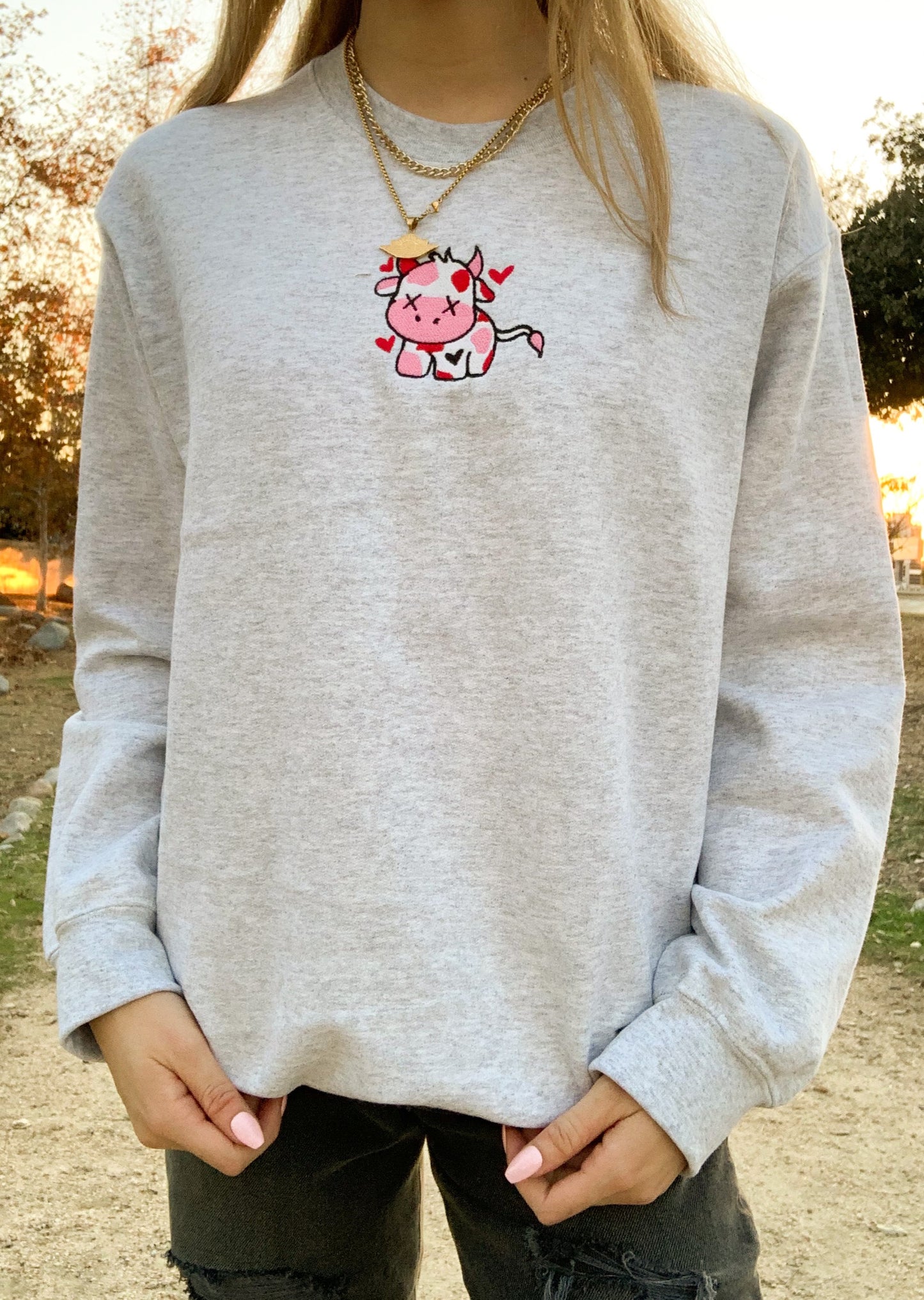 Valentine Cow Embroidered Ash Sweatshirt