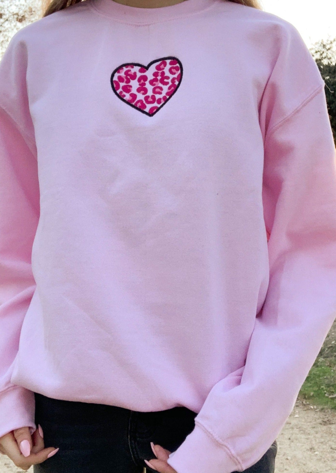 Cheetah Print Heart Embroidered Pink Sweatshirt