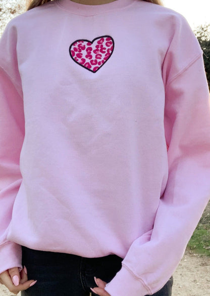 Cheetah Print Heart Embroidered Pink Sweatshirt