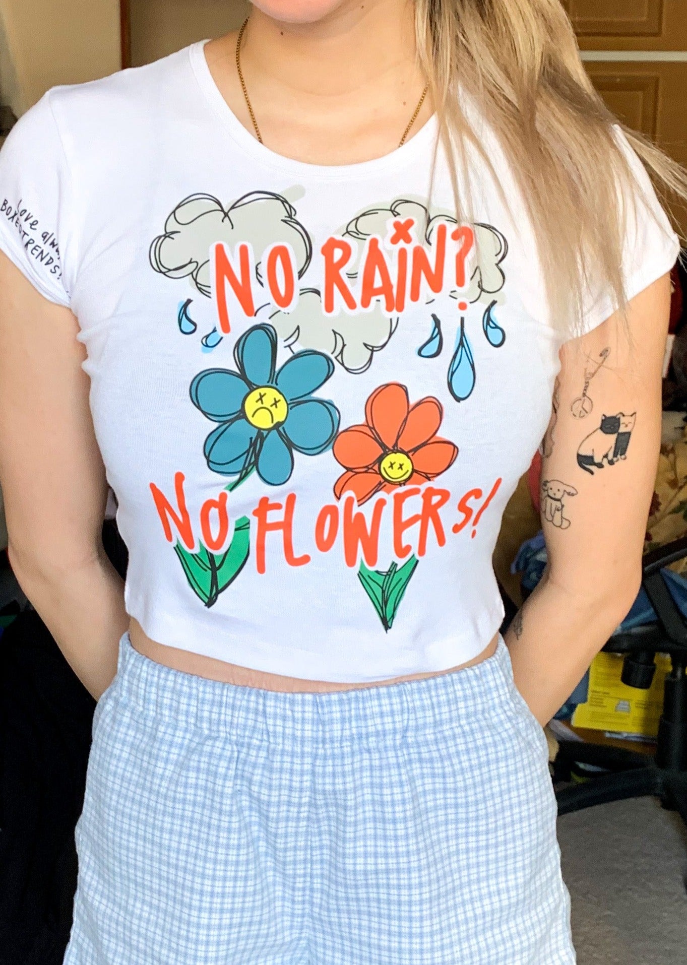 NO RAIN? NO FLOWERS! Printed Cropped Baby tee