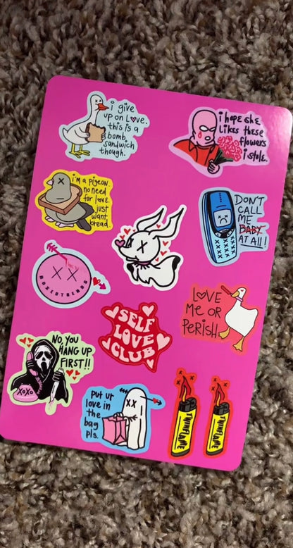 12 Piece Valentine Sticker Sheet: 4x6 Waterproof Vinyl