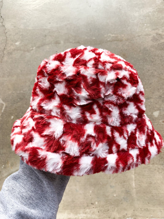 Fluffy Red and White Patterned Print Bucket Hat