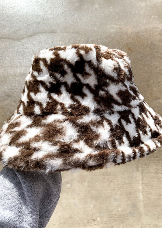 Fluffy Brown and White Patterned Print Bucket Hat