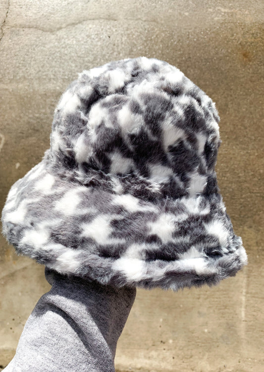 Fluffy Gray and White Patterned Print Bucket Hat