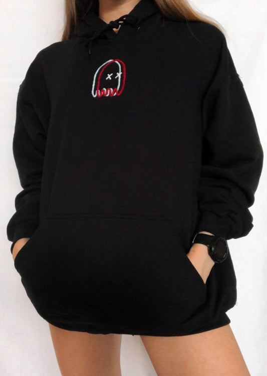 3D Ghost Embroidered Black Hoodie