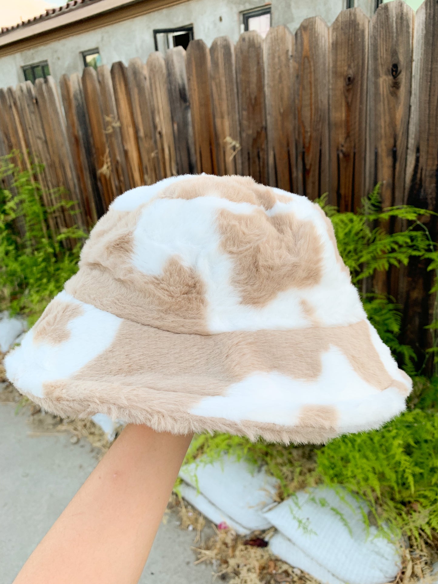 Fluffy Coffee Brown Cow Print Bucket Hat