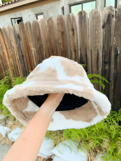 Fluffy Coffee Brown Cow Print Bucket Hat