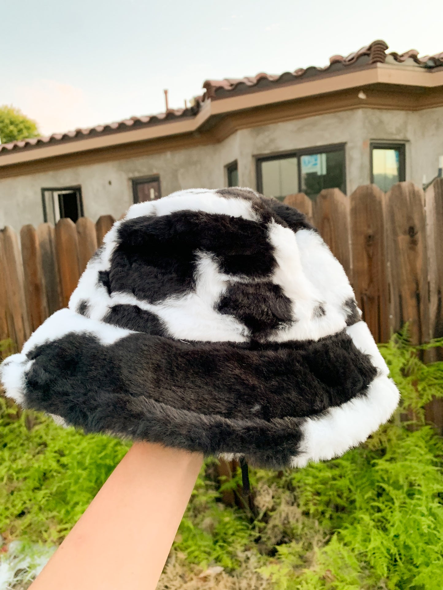 Fluffy Black and White Cow Print Bucket Hat