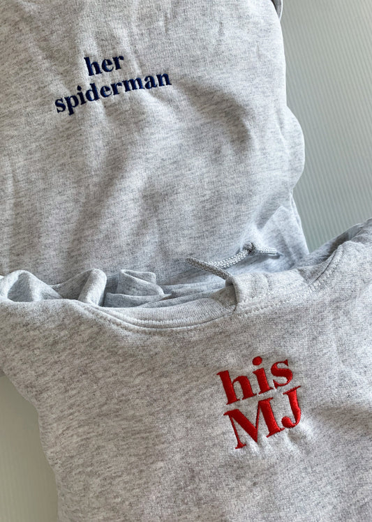"her Spiderman" "his MJ" Embroidered Matching Set