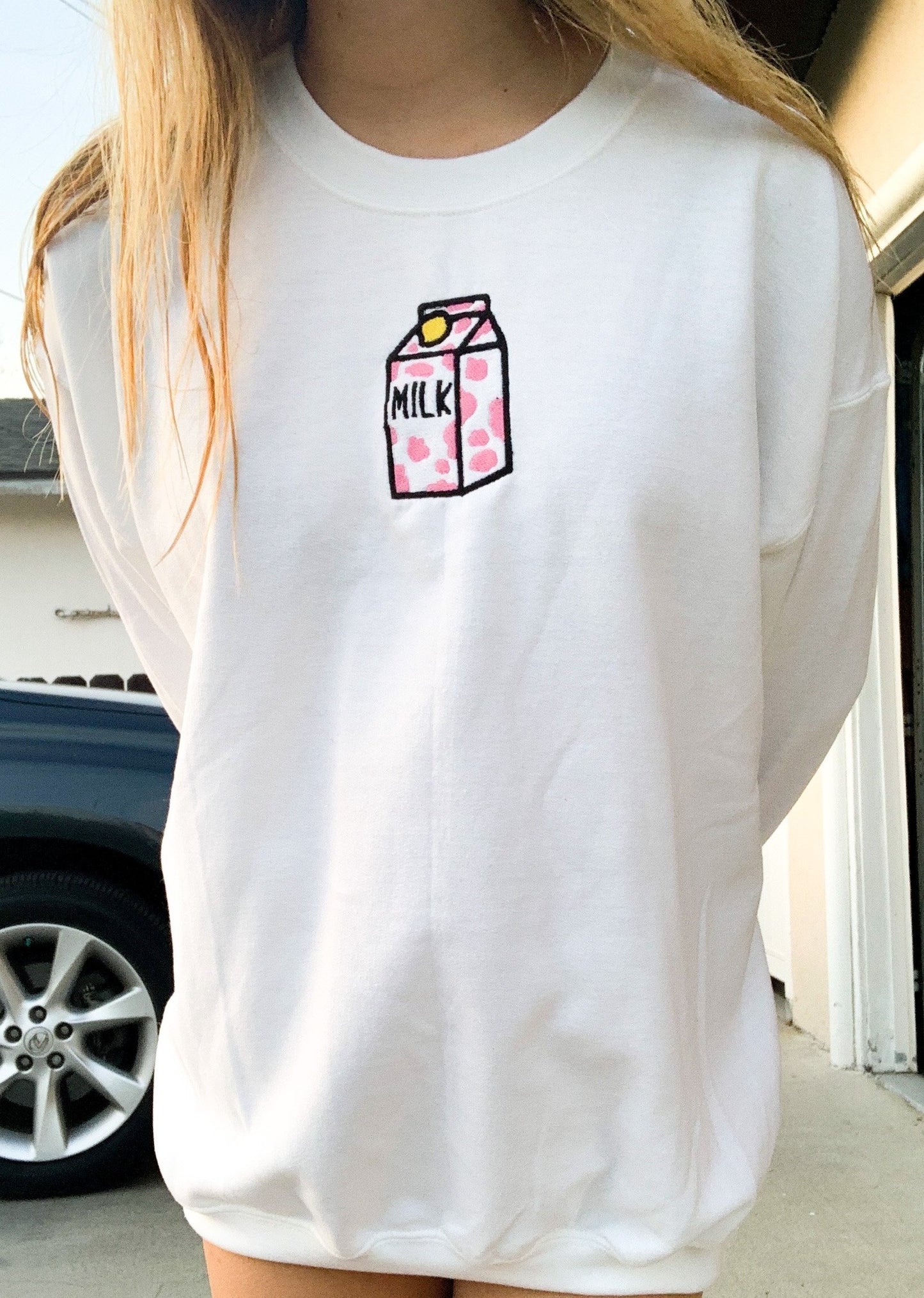 Strawberry Milk Embroidered White Sweatshirt