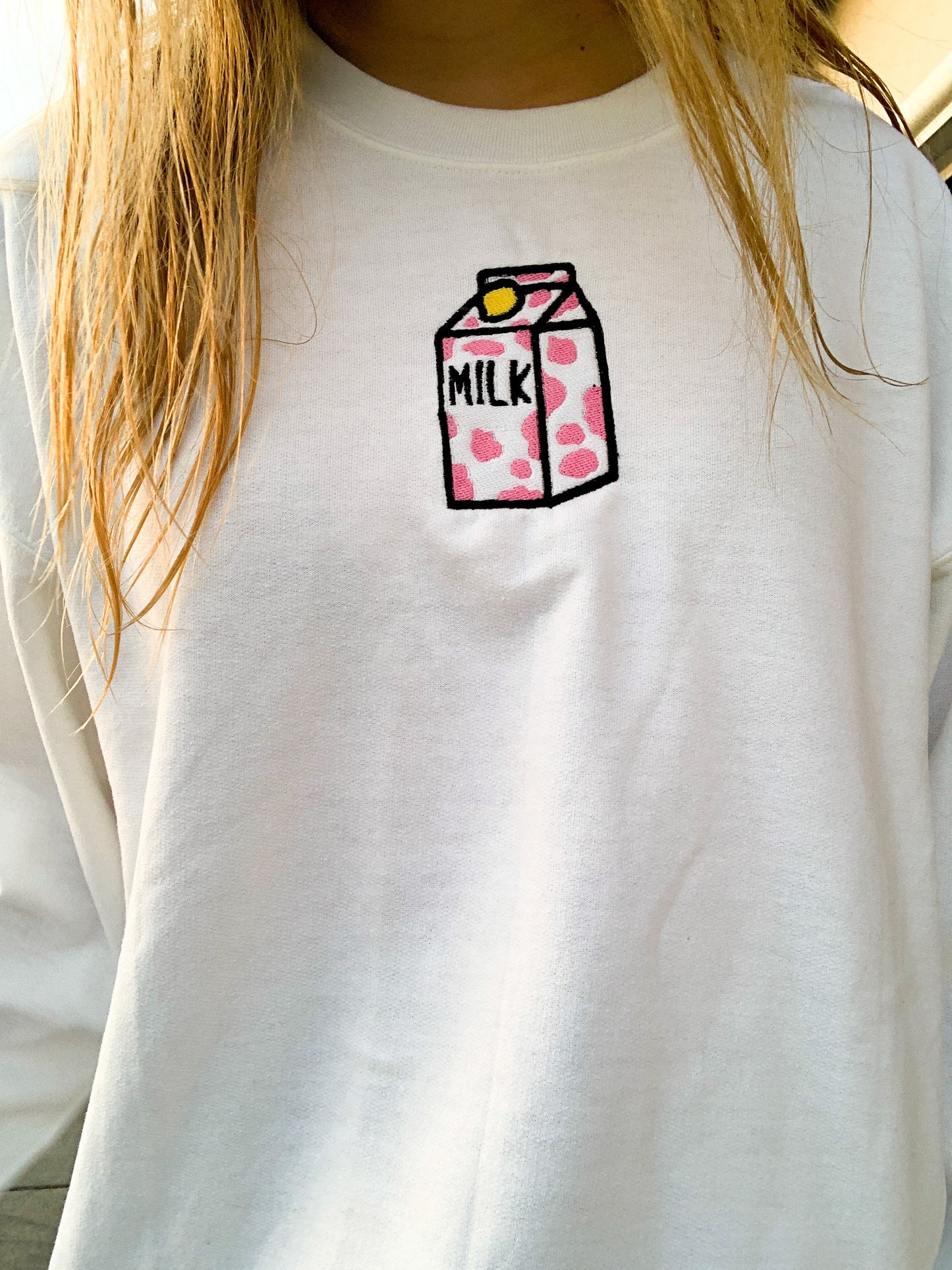 Strawberry Milk Embroidered White Sweatshirt