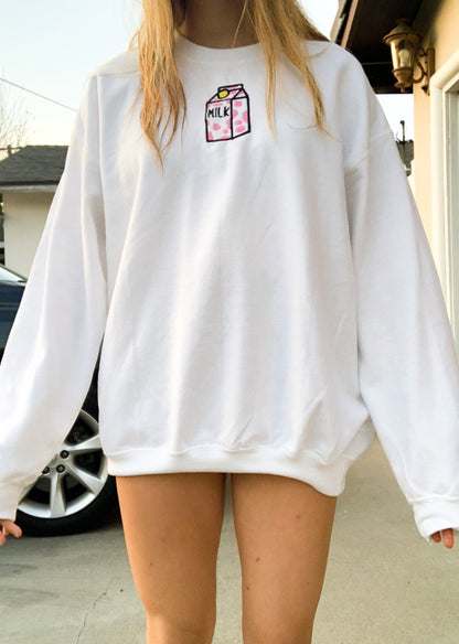 Strawberry Milk Embroidered White Sweatshirt