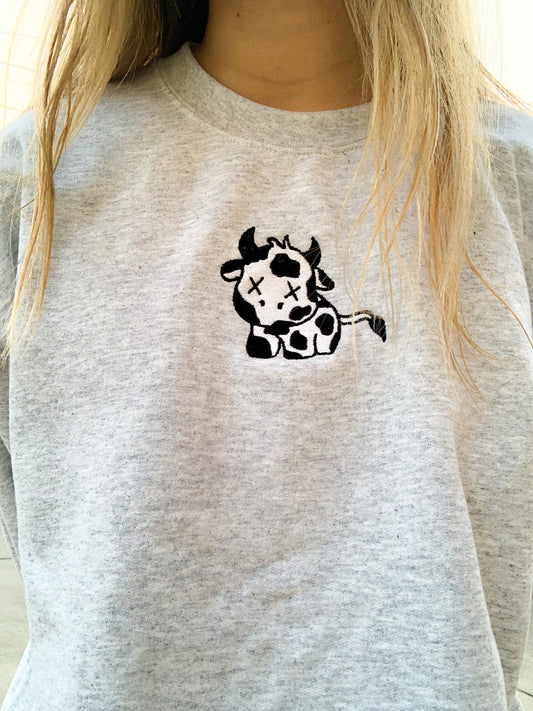 Regular Cow Embroidered Ash Sweatshirt