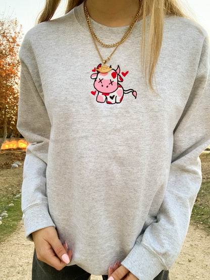 Valentine Cow Embroidered Ash Sweatshirt