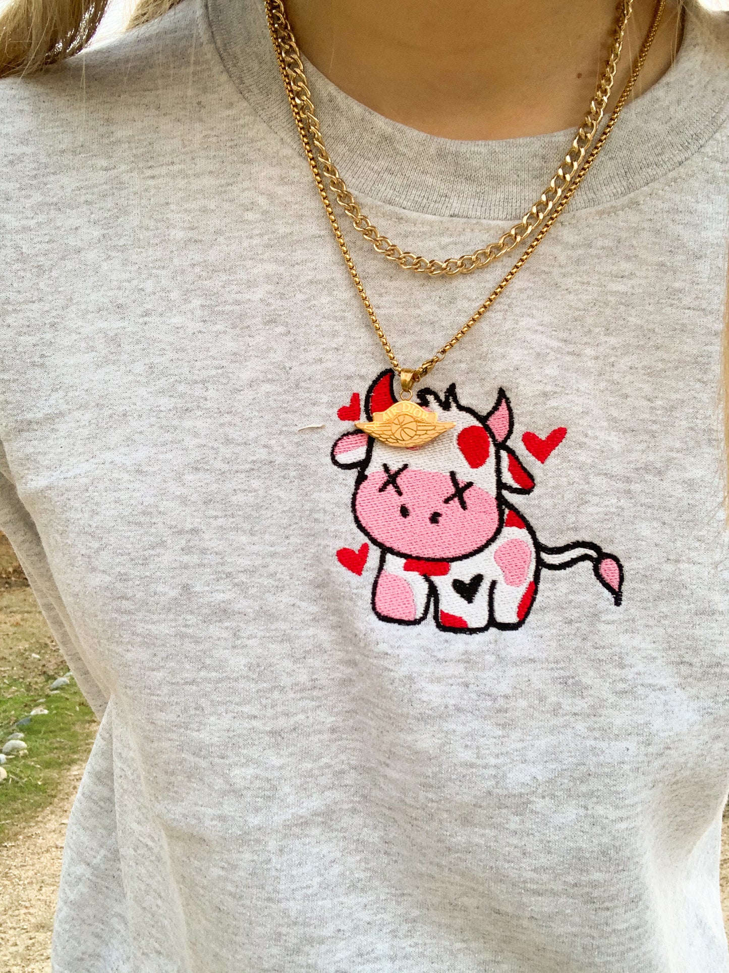 Valentine Cow Embroidered Ash Sweatshirt