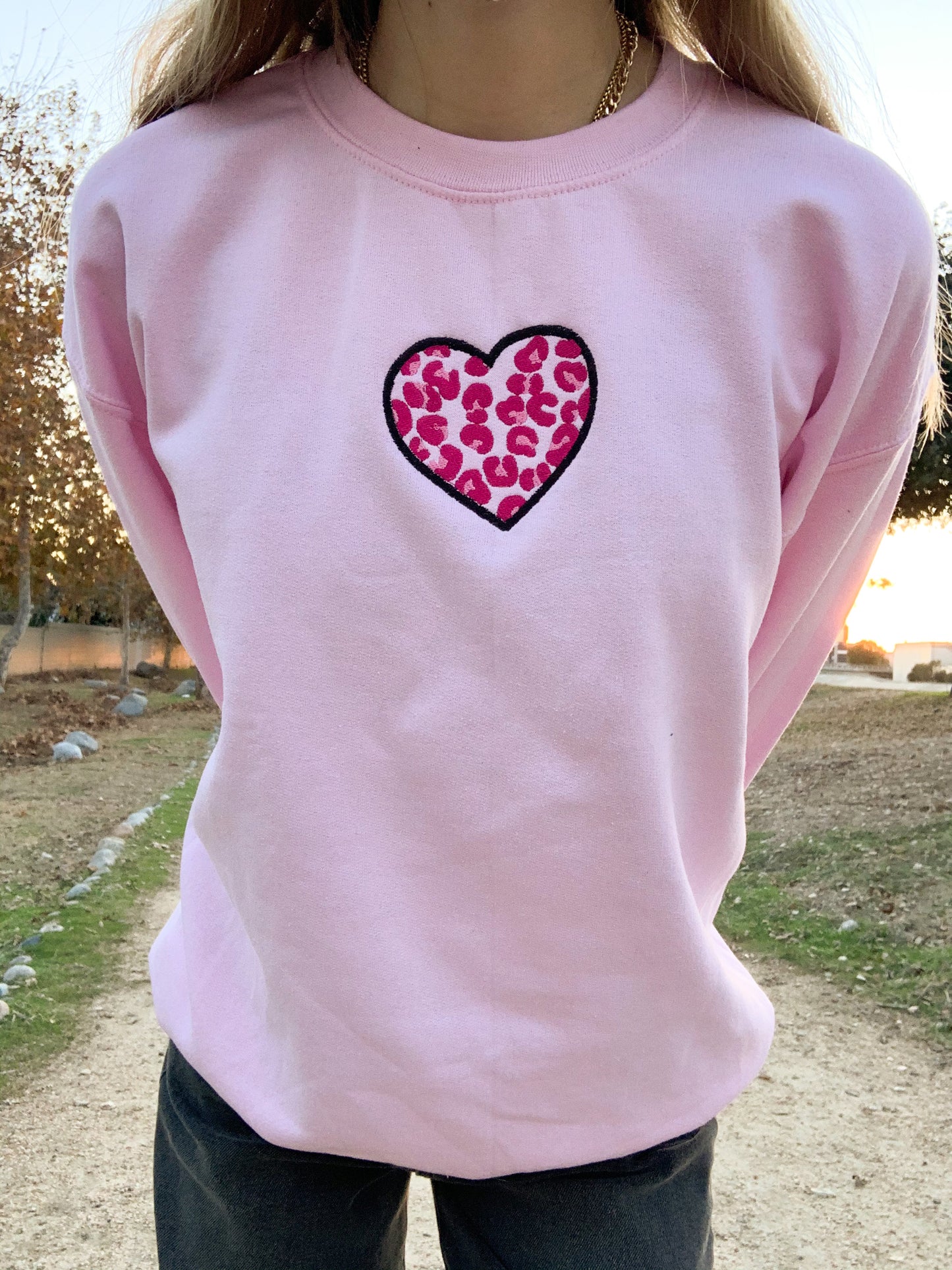 Cheetah Print Heart Embroidered Pink Sweatshirt