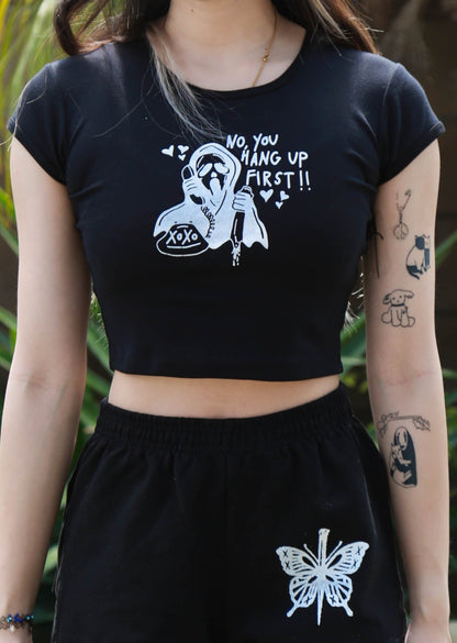 No You Hang Up First Knife Screen Printed Baby Tee