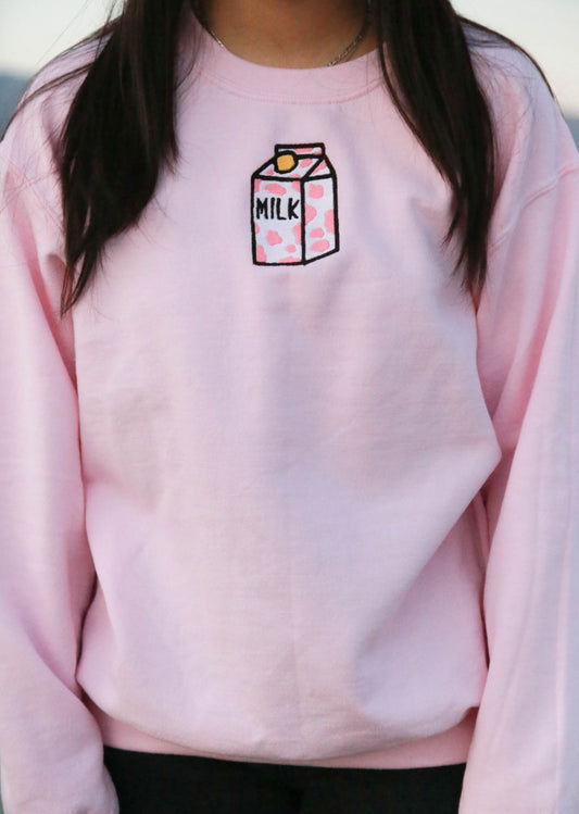 Strawberry Milk Embroidered Pink Sweatshirt