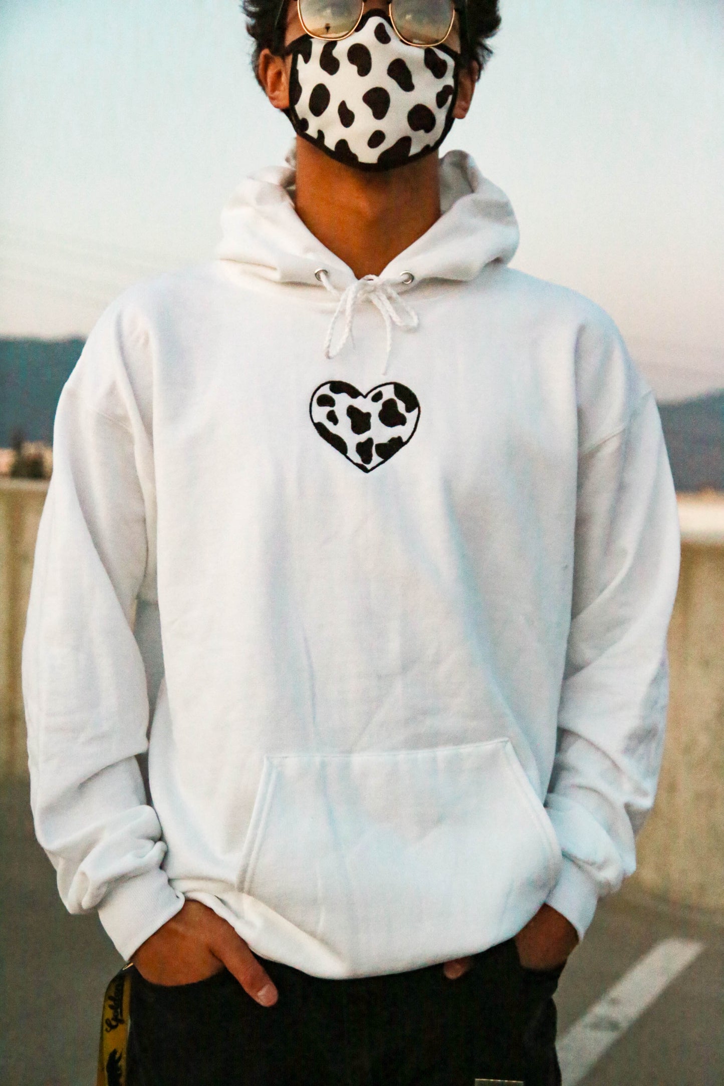 Cow Print Heart Embroidered Hoodie