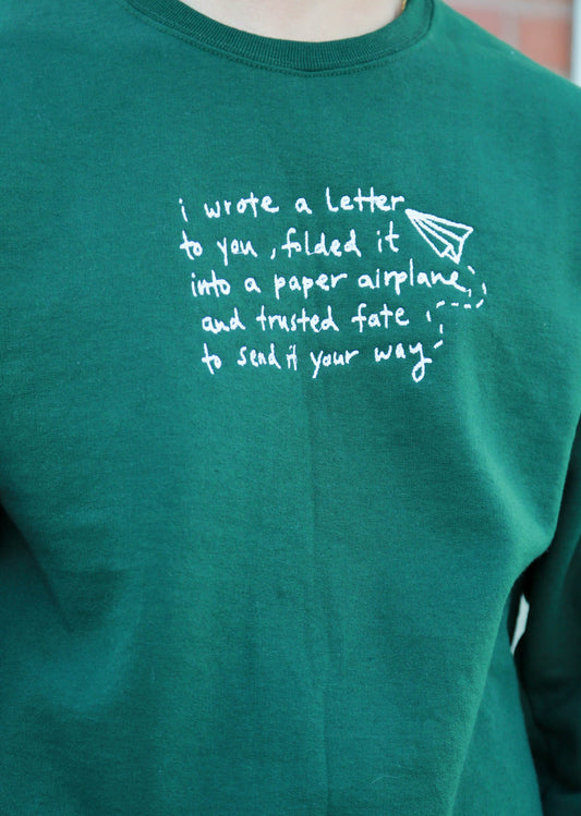 Paper Airplane Letter Forest Green Embroidered Sweatshirt