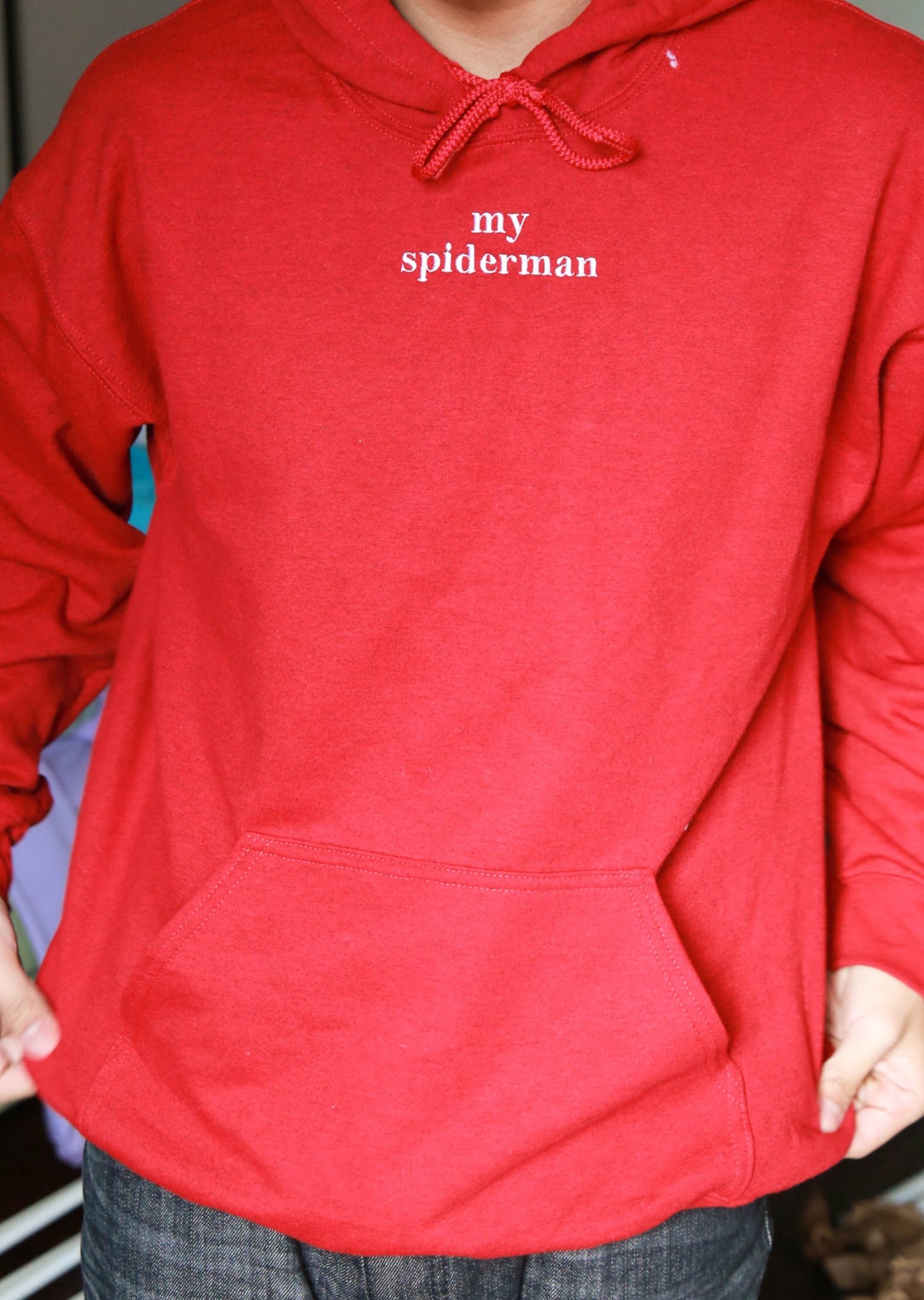 "my spiderman" Embroidered Red Singular Hoodie
