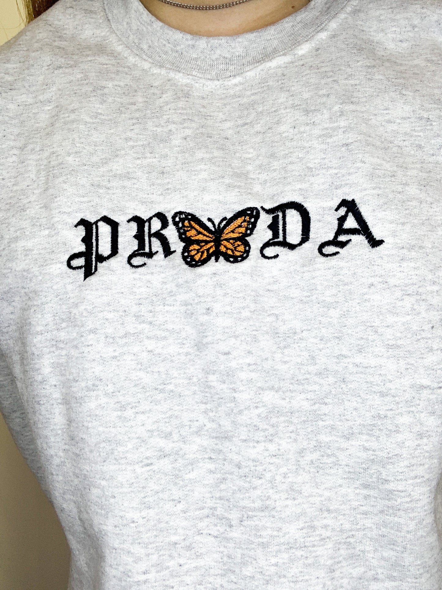 PRDA Butterfly Embroidered Gray Crewneck