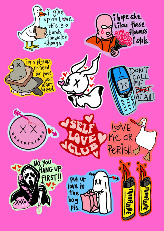 12 Piece Valentine Sticker Sheet: 4x6 Waterproof Vinyl
